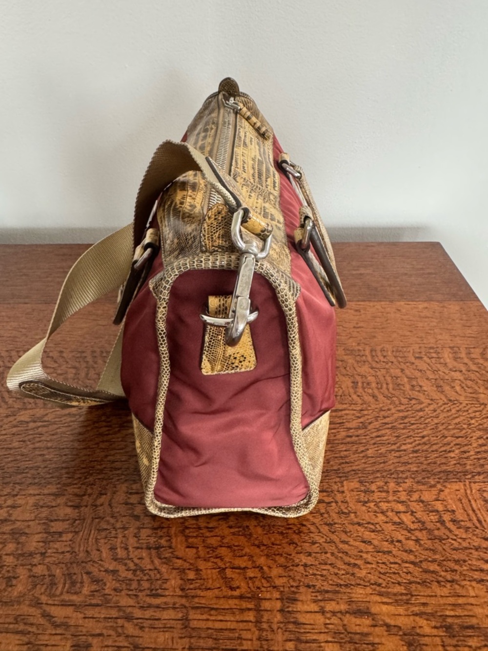 Prada Tessuto Ouverture Burgundy Nylon Lizard Leather Satchel/Shoulder Bag w/COA - Picture 4 of 12